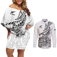 New Zealand Silver Fern Rugby Couples Matching Off Shoulder Short Dress and Long Sleeve Button Shirts Aotearoa Kiwi Maori White Version - Wonder Print Shop