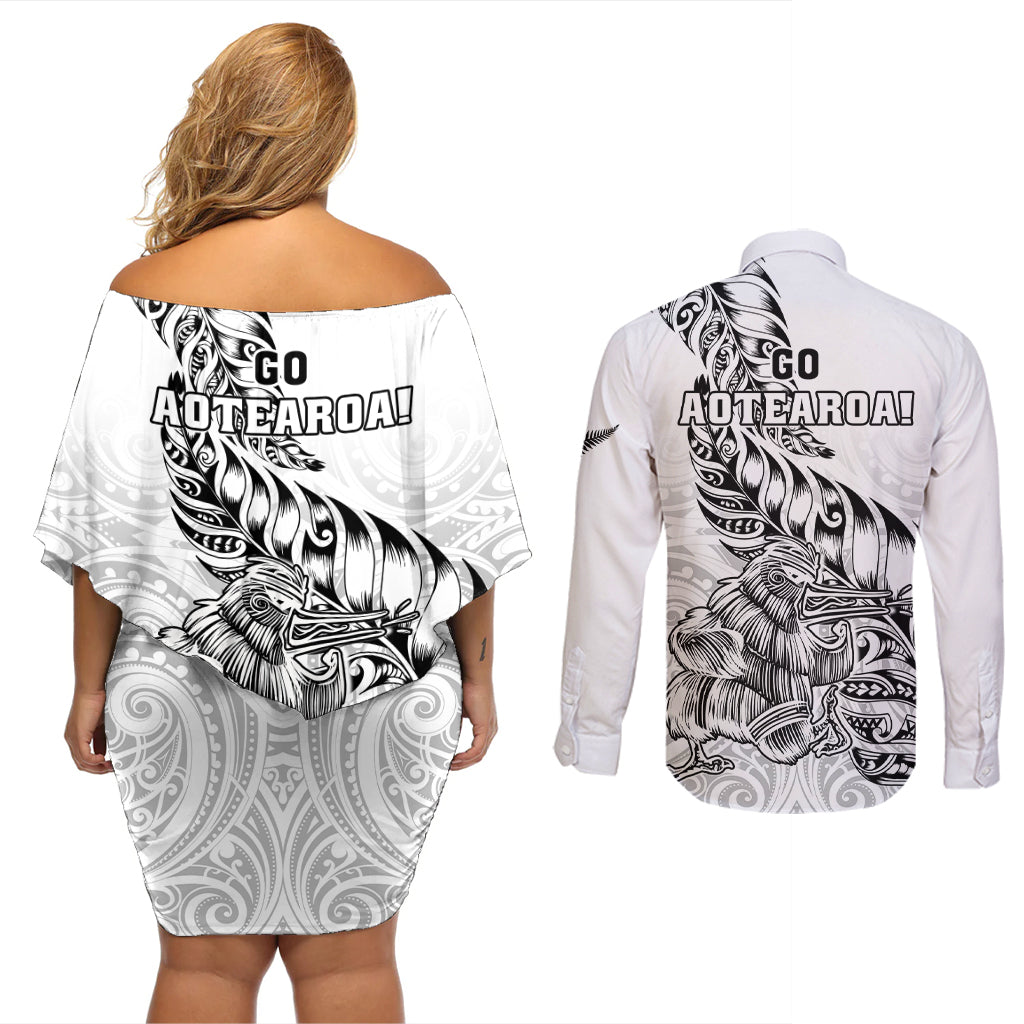New Zealand Silver Fern Rugby Couples Matching Off Shoulder Short Dress and Long Sleeve Button Shirts Aotearoa Kiwi Maori White Version - Wonder Print Shop