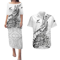 New Zealand Silver Fern Rugby Couples Matching Puletasi Dress and Hawaiian Shirt Aotearoa Kiwi Maori White Version - Wonder Print Shop