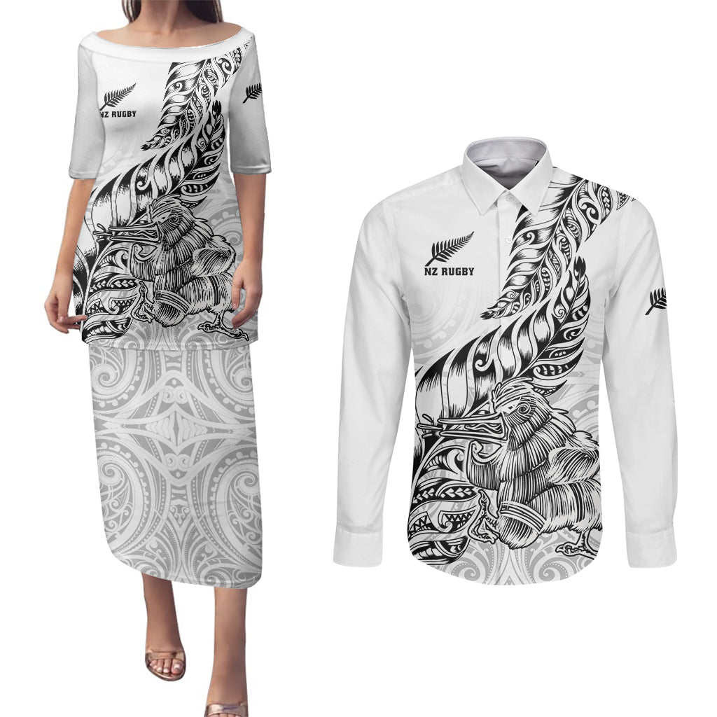 New Zealand Silver Fern Rugby Couples Matching Puletasi Dress and Long Sleeve Button Shirts Aotearoa Kiwi Maori White Version - Wonder Print Shop