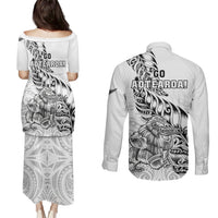 New Zealand Silver Fern Rugby Couples Matching Puletasi Dress and Long Sleeve Button Shirts Aotearoa Kiwi Maori White Version - Wonder Print Shop