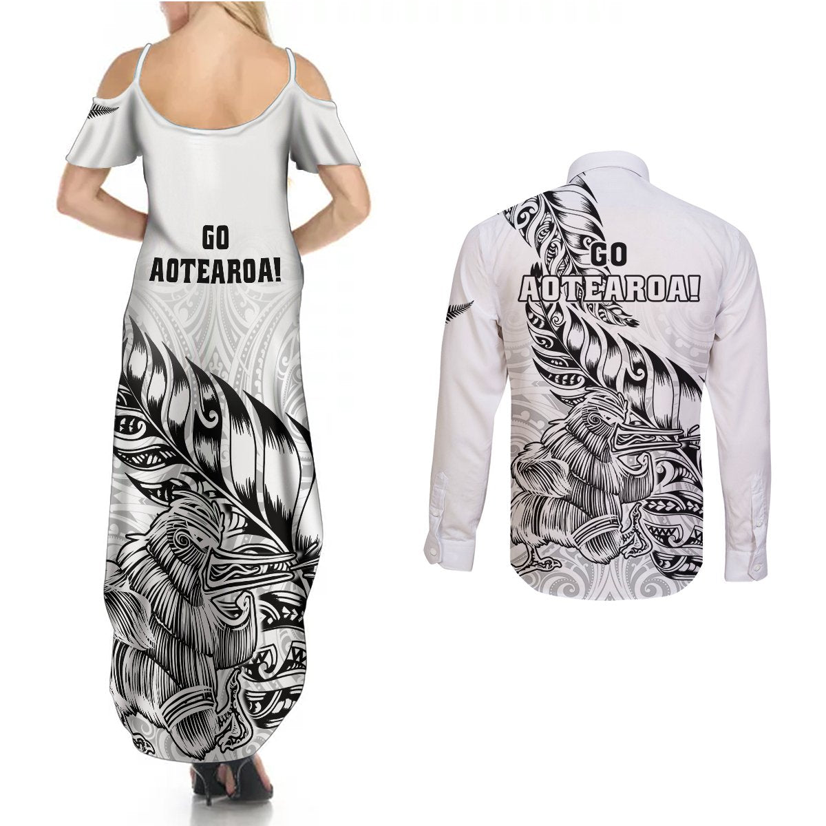 New Zealand Silver Fern Rugby Couples Matching Summer Maxi Dress and Long Sleeve Button Shirts Aotearoa Kiwi Maori White Version - Wonder Print Shop