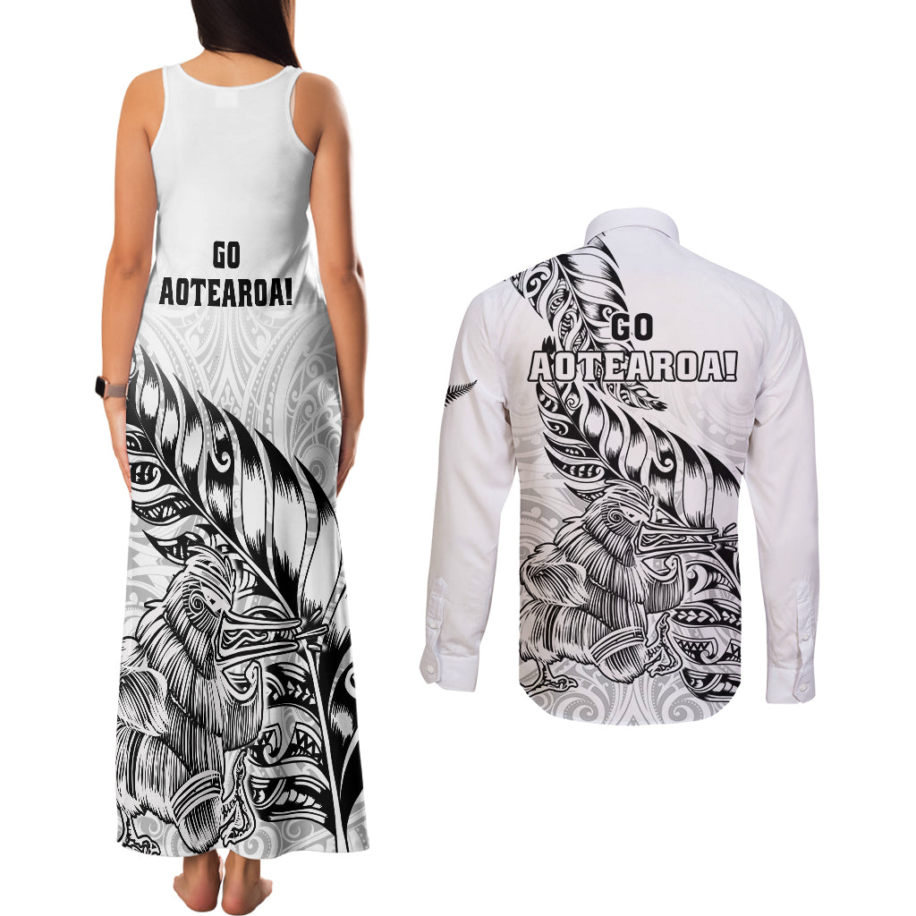 New Zealand Silver Fern Rugby Couples Matching Tank Maxi Dress and Long Sleeve Button Shirts Aotearoa Kiwi Maori White Version - Wonder Print Shop