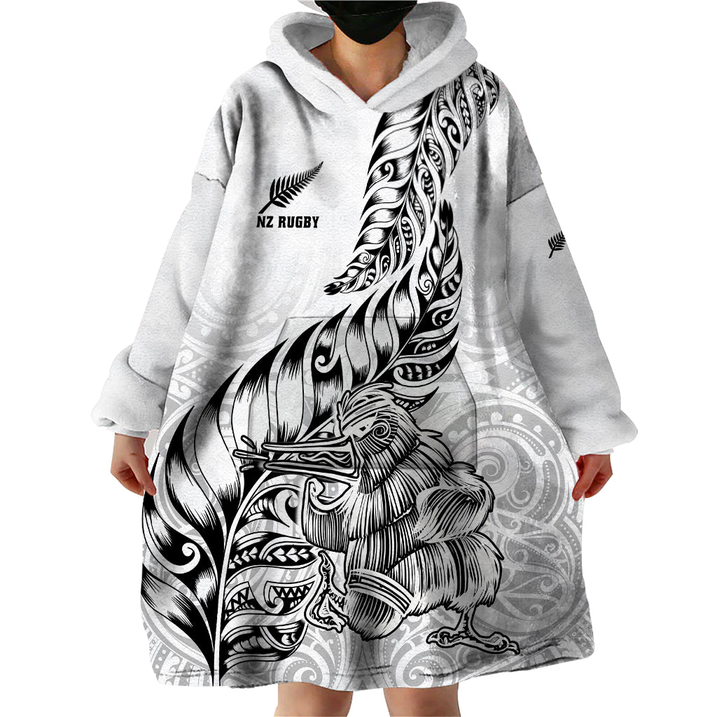 New Zealand Silver Fern Rugby Wearable Blanket Hoodie Aotearoa Kiwi Maori White Version - Wonder Print Shop