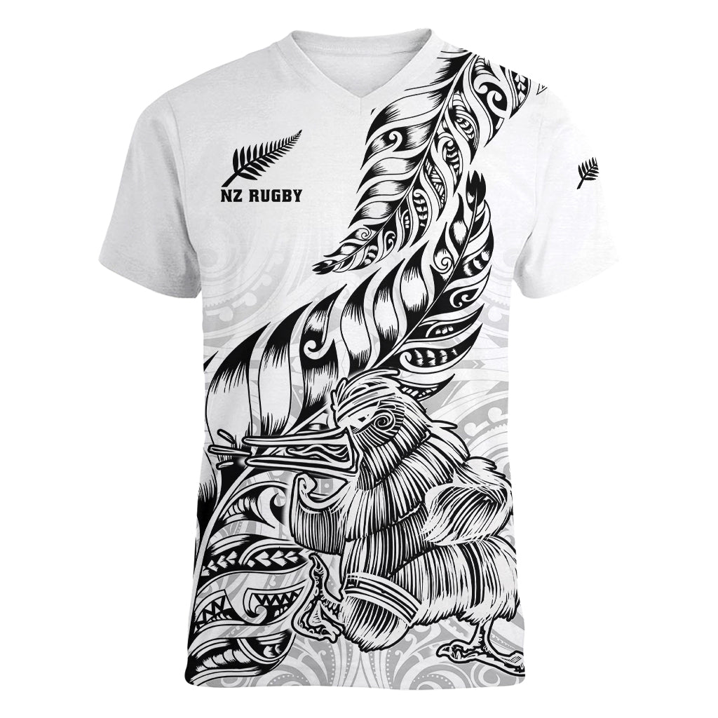 New Zealand Silver Fern Rugby Women V Neck T Shirt Aotearoa Kiwi Maori White Version - Wonder Print Shop