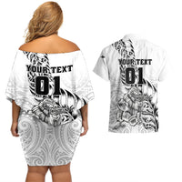 Custom New Zealand Silver Fern Rugby Couples Matching Off Shoulder Short Dress and Hawaiian Shirt Aotearoa Kiwi Maori White Version - Wonder Print Shop