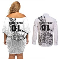 Custom New Zealand Silver Fern Rugby Couples Matching Off Shoulder Short Dress and Long Sleeve Button Shirts Aotearoa Kiwi Maori White Version - Wonder Print Shop
