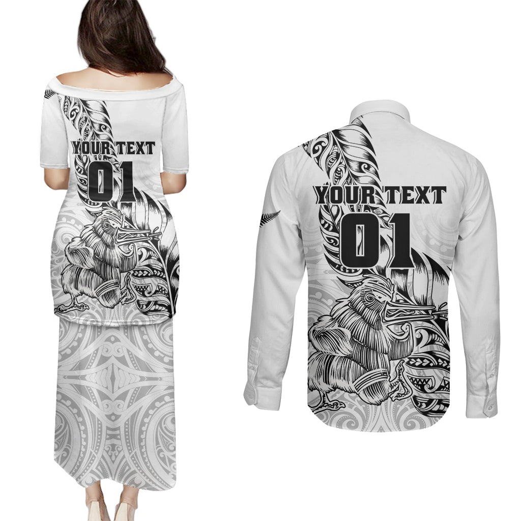 Custom New Zealand Silver Fern Rugby Couples Matching Puletasi Dress and Long Sleeve Button Shirts Aotearoa Kiwi Maori White Version - Wonder Print Shop