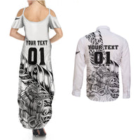 Custom New Zealand Silver Fern Rugby Couples Matching Summer Maxi Dress and Long Sleeve Button Shirts Aotearoa Kiwi Maori White Version - Wonder Print Shop