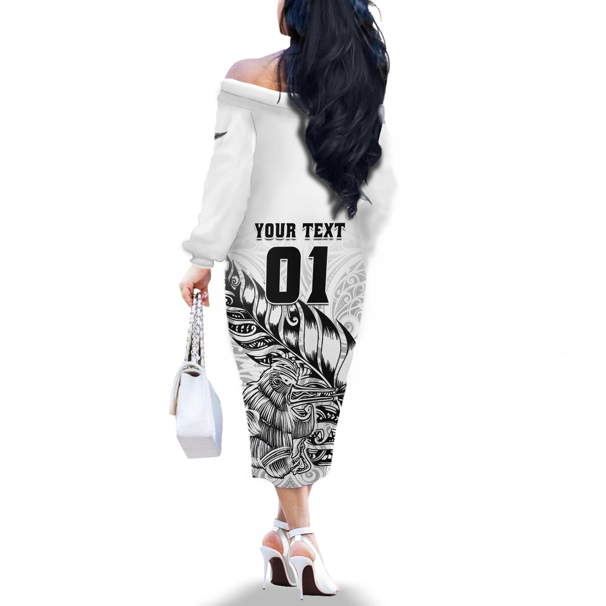 Custom New Zealand Silver Fern Rugby Off The Shoulder Long Sleeve Dress Aotearoa Kiwi Maori White Version - Wonder Print Shop