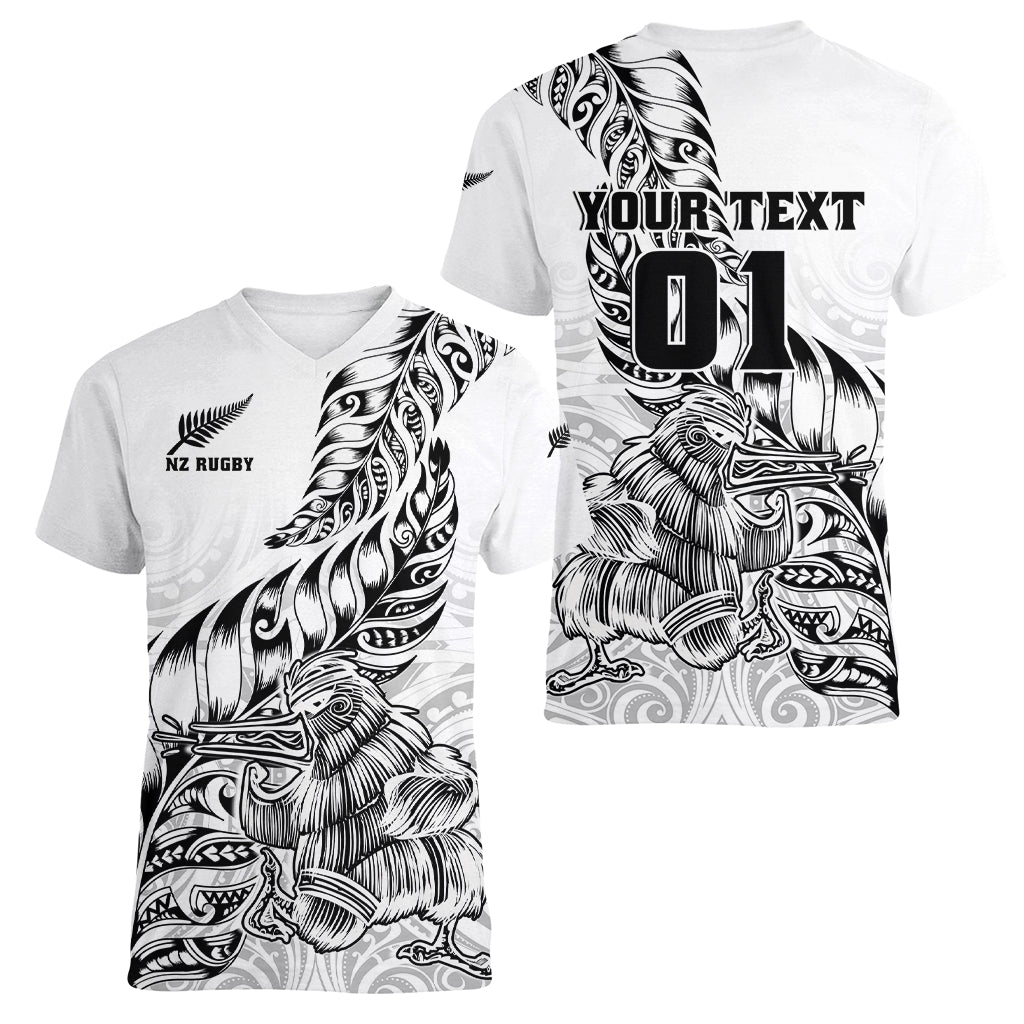 Custom New Zealand Silver Fern Rugby Women V Neck T Shirt Aotearoa Kiwi Maori White Version - Wonder Print Shop