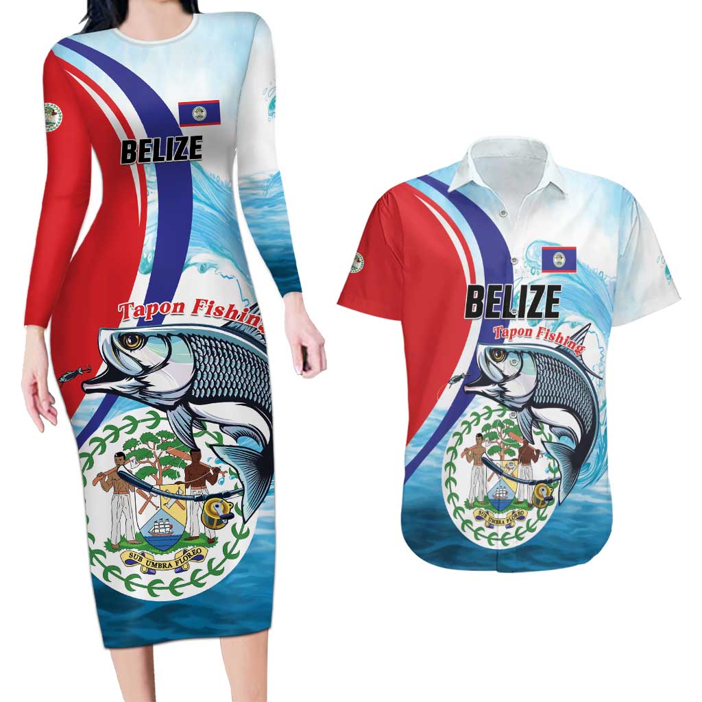 Personalized Belize Tarpon Fishing Couples Matching Long Sleeve Bodycon Dress and Hawaiian Shirt Belize Where the Silver King Reigns - Wonder Print Shop