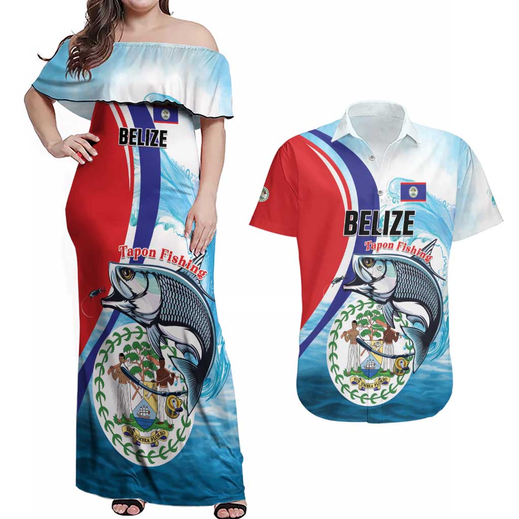Personalized Belize Tarpon Fishing Couples Matching Off Shoulder Maxi Dress and Hawaiian Shirt Belize Where the Silver King Reigns - Wonder Print Shop