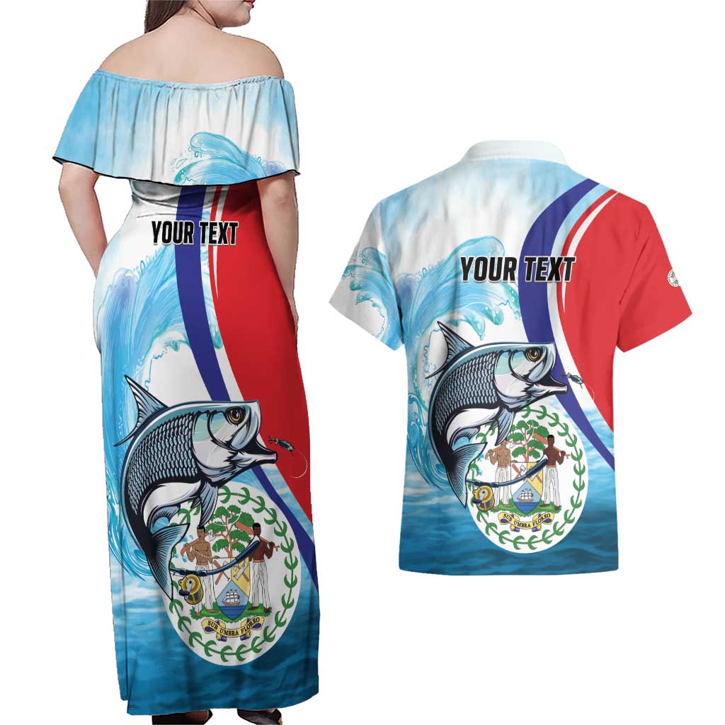 Personalized Belize Tarpon Fishing Couples Matching Off Shoulder Maxi Dress and Hawaiian Shirt Belize Where the Silver King Reigns - Wonder Print Shop