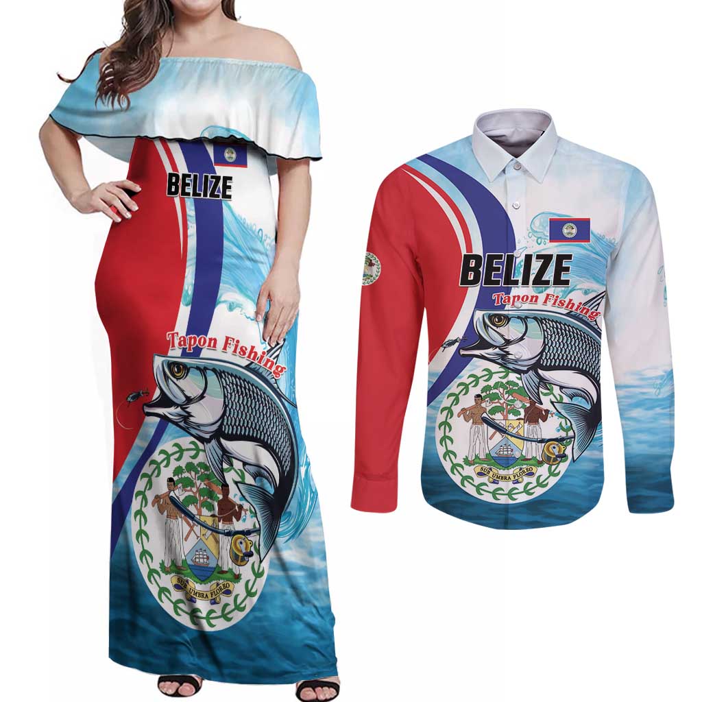 Personalized Belize Tarpon Fishing Couples Matching Off Shoulder Maxi Dress and Long Sleeve Button Shirt Belize Where the Silver King Reigns - Wonder Print Shop