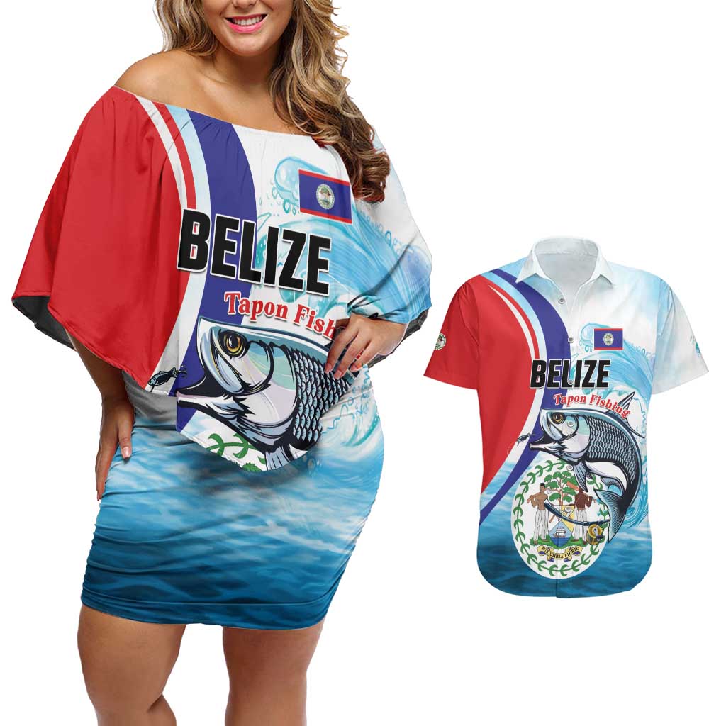 Personalized Belize Tarpon Fishing Couples Matching Off Shoulder Short Dress and Hawaiian Shirt Belize Where the Silver King Reigns - Wonder Print Shop