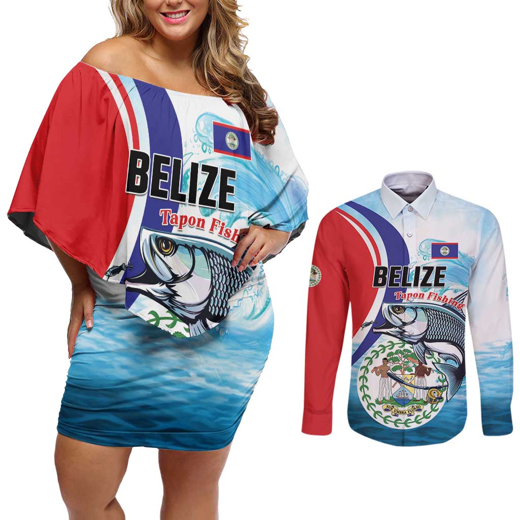 Personalized Belize Tarpon Fishing Couples Matching Off Shoulder Short Dress and Long Sleeve Button Shirt Belize Where the Silver King Reigns - Wonder Print Shop