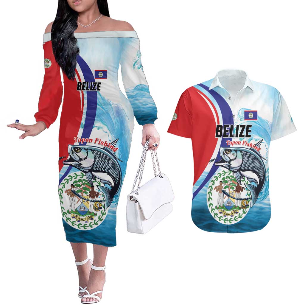 Personalized Belize Tarpon Fishing Couples Matching Off The Shoulder Long Sleeve Dress and Hawaiian Shirt Belize Where the Silver King Reigns - Wonder Print Shop