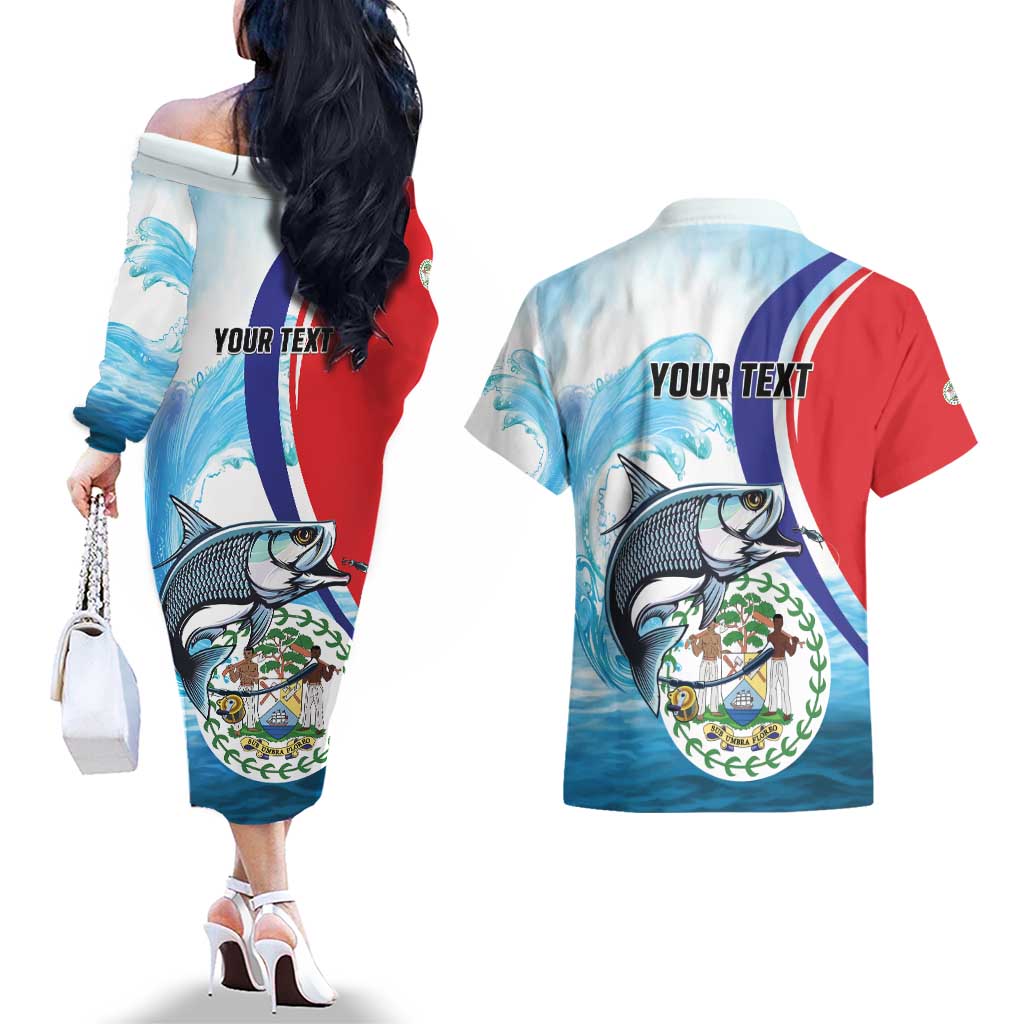 Personalized Belize Tarpon Fishing Couples Matching Off The Shoulder Long Sleeve Dress and Hawaiian Shirt Belize Where the Silver King Reigns - Wonder Print Shop