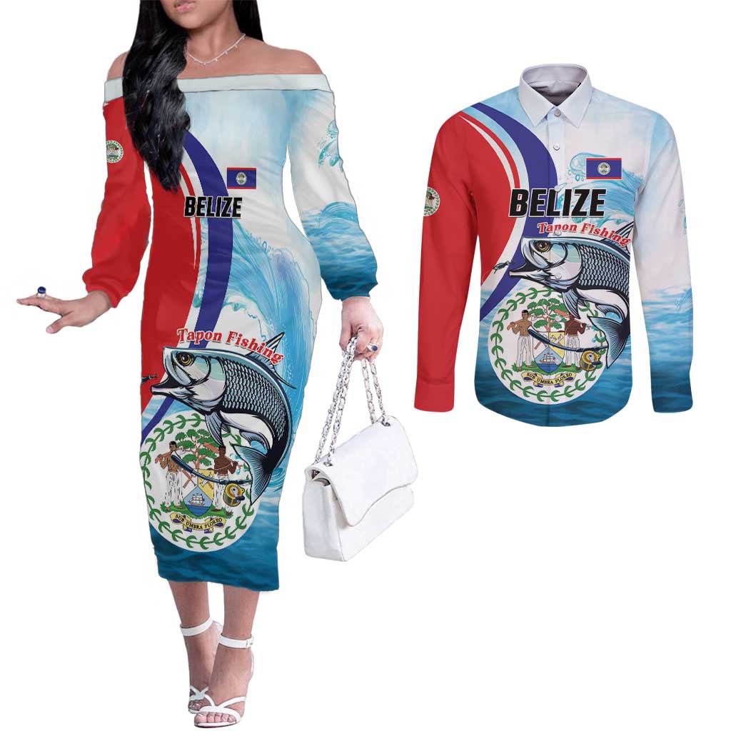 Personalized Belize Tarpon Fishing Couples Matching Off The Shoulder Long Sleeve Dress and Long Sleeve Button Shirt Belize Where the Silver King Reigns - Wonder Print Shop