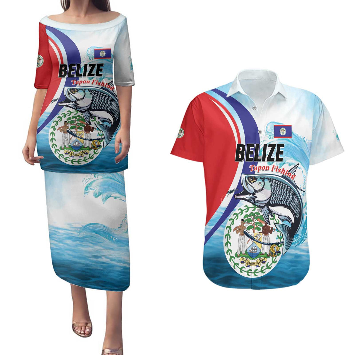 Personalized Belize Tarpon Fishing Couples Matching Puletasi and Hawaiian Shirt Belize Where the Silver King Reigns - Wonder Print Shop