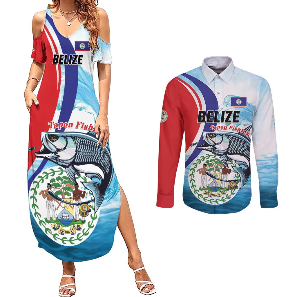 Personalized Belize Tarpon Fishing Couples Matching Summer Maxi Dress and Long Sleeve Button Shirt Belize Where the Silver King Reigns - Wonder Print Shop