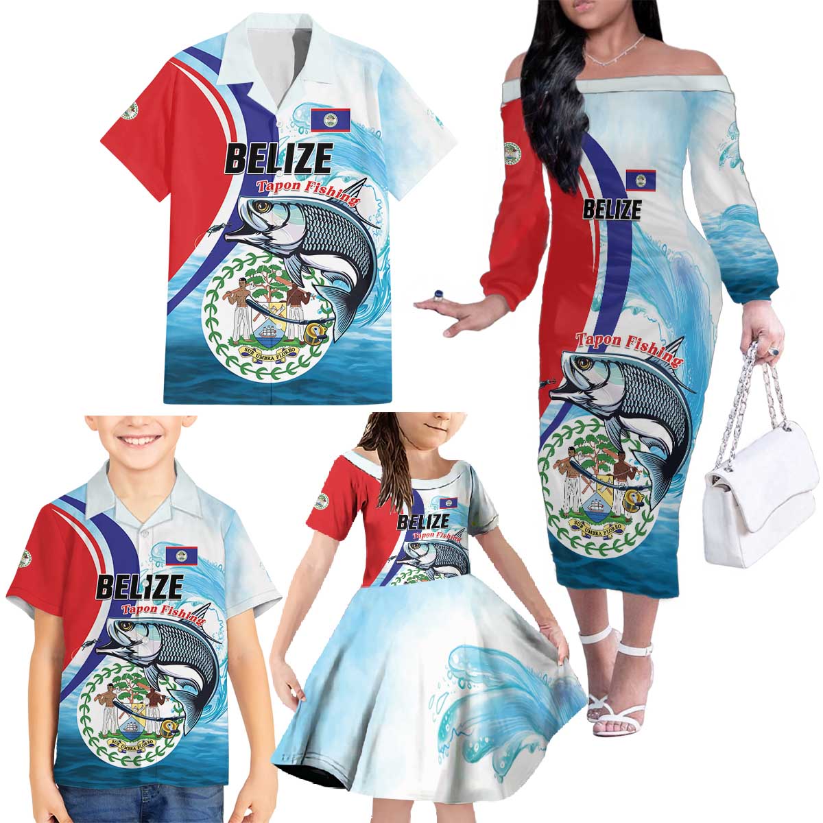 Personalized Belize Tarpon Fishing Family Matching Off The Shoulder Long Sleeve Dress and Hawaiian Shirt Belize Where the Silver King Reigns - Wonder Print Shop