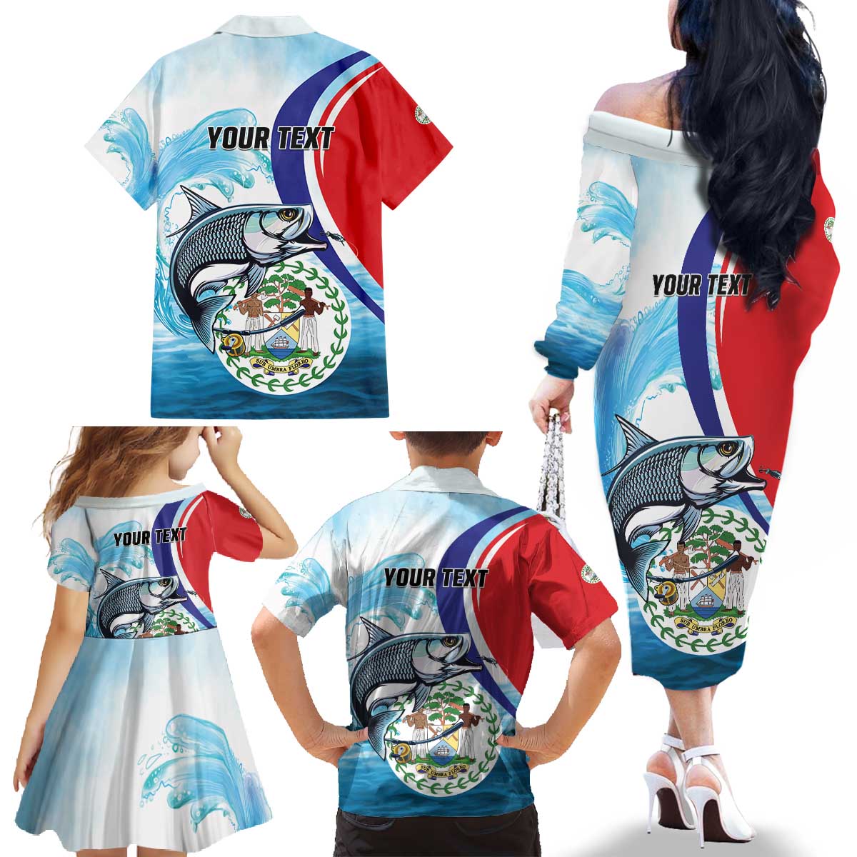 Personalized Belize Tarpon Fishing Family Matching Off The Shoulder Long Sleeve Dress and Hawaiian Shirt Belize Where the Silver King Reigns - Wonder Print Shop