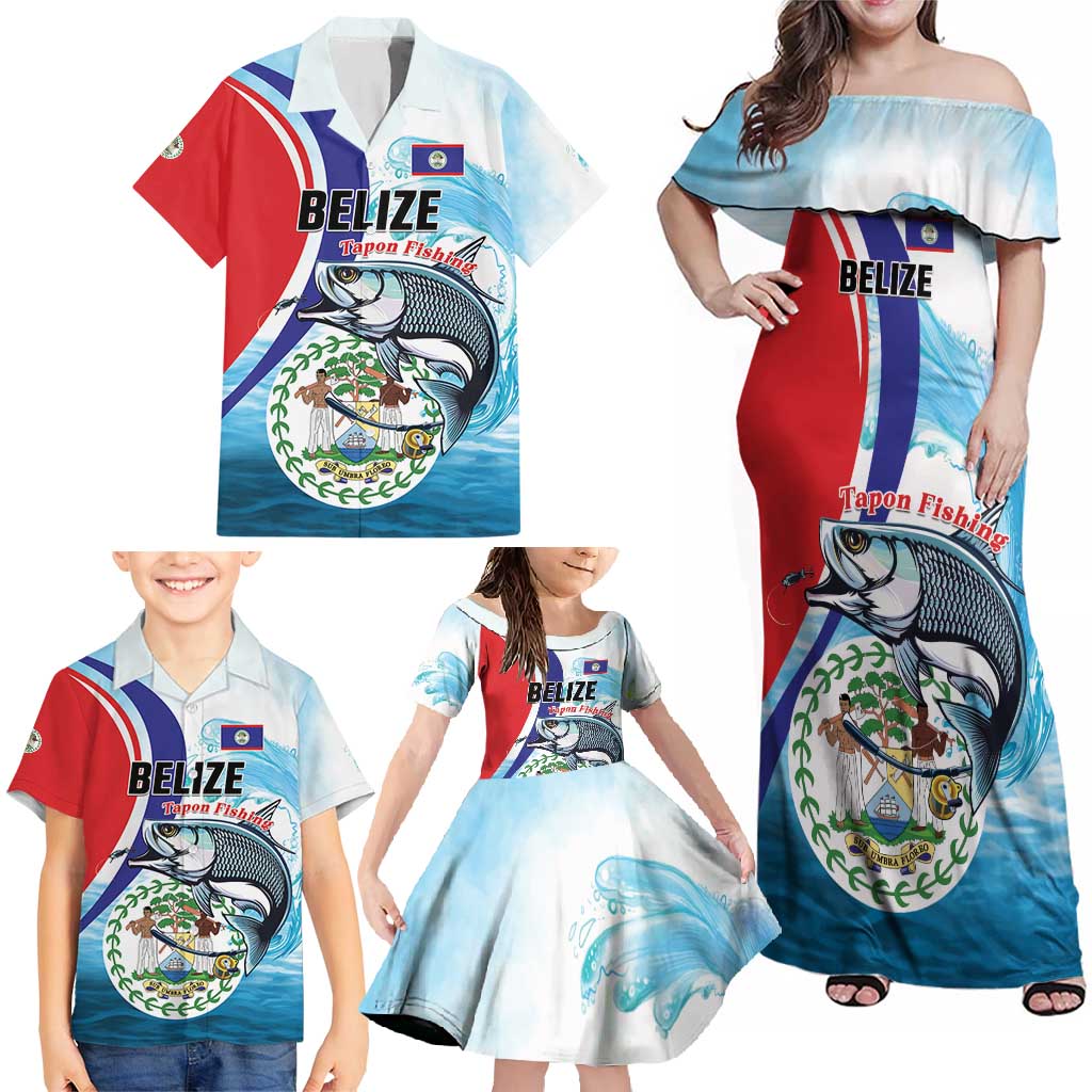 Personalized Belize Tarpon Fishing Family Matching Off Shoulder Maxi Dress and Hawaiian Shirt Belize Where the Silver King Reigns - Wonder Print Shop