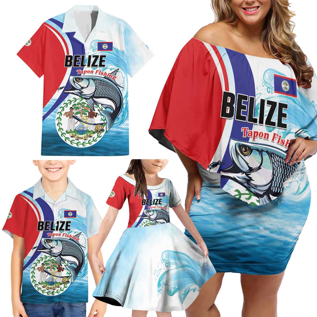 Personalized Belize Tarpon Fishing Family Matching Off Shoulder Short Dress and Hawaiian Shirt Belize Where the Silver King Reigns - Wonder Print Shop
