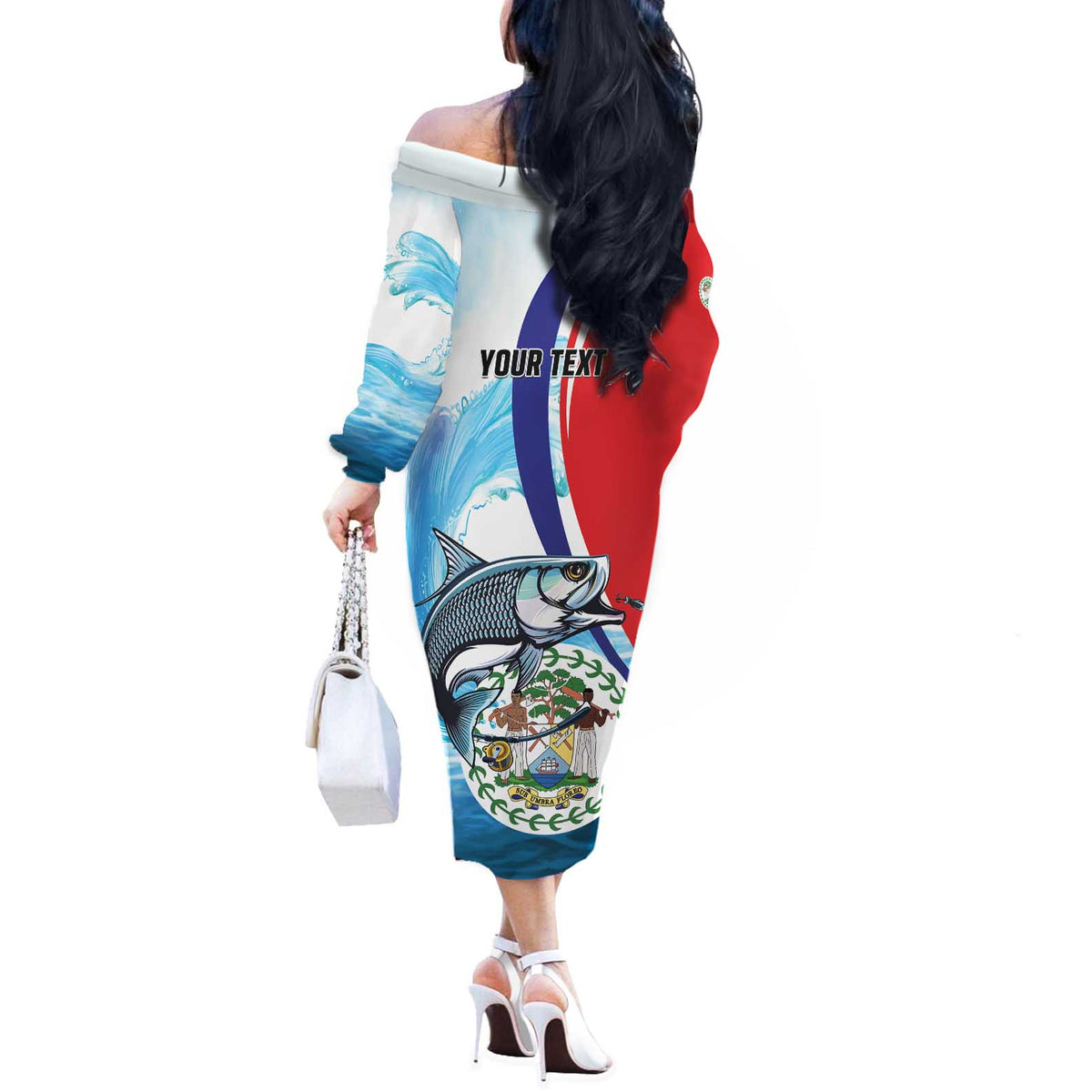 Personalized Belize Tarpon Fishing Off The Shoulder Long Sleeve Dress Belize Where the Silver King Reigns - Wonder Print Shop