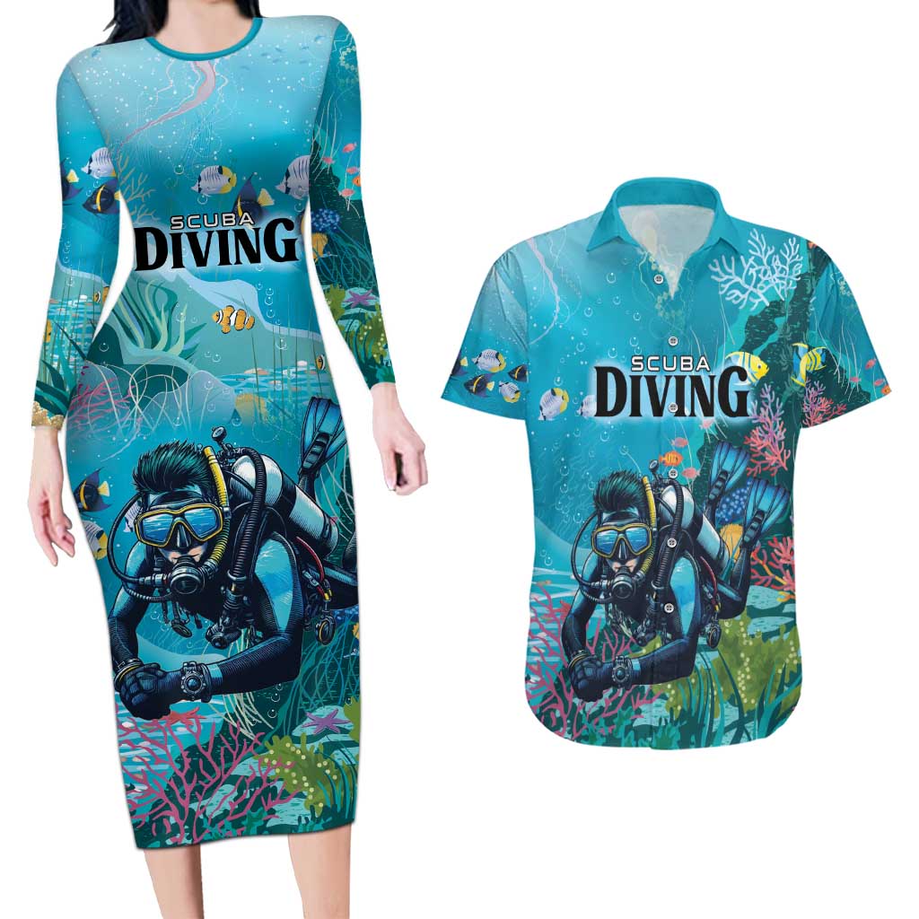 Personalized Scuba Diving Couples Matching Long Sleeve Bodycon Dress and Hawaiian Shirt Explore The Depths Discover Yourself - Wonder Print Shop