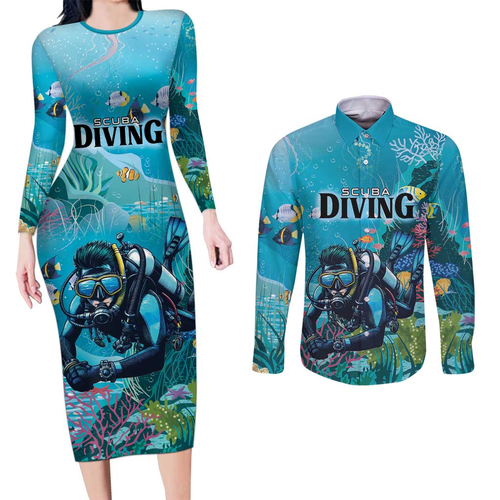 Personalized Scuba Diving Couples Matching Long Sleeve Bodycon Dress and Long Sleeve Button Shirt Explore The Depths Discover Yourself - Wonder Print Shop