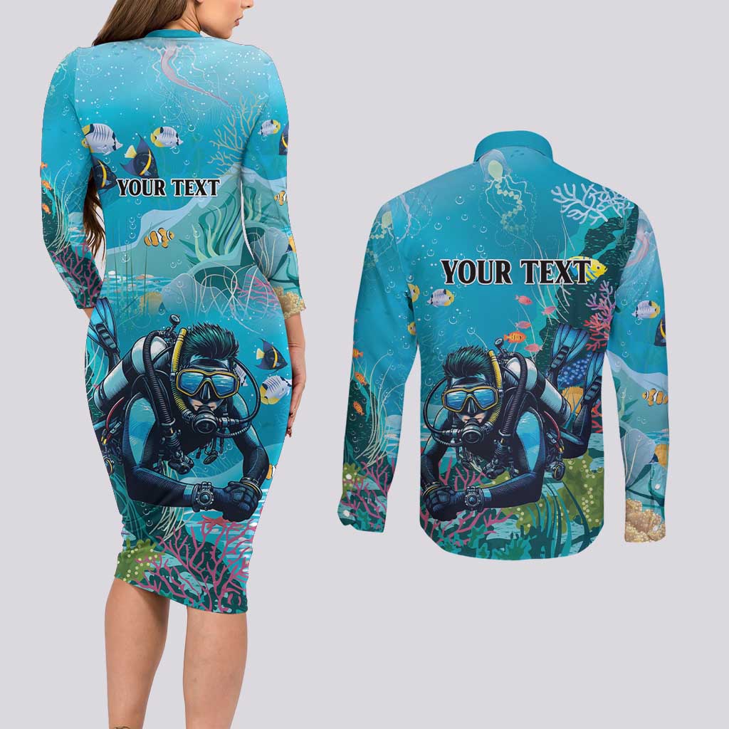 Personalized Scuba Diving Couples Matching Long Sleeve Bodycon Dress and Long Sleeve Button Shirt Explore The Depths Discover Yourself - Wonder Print Shop