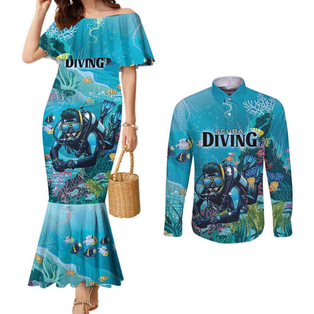 Personalized Scuba Diving Couples Matching Mermaid Dress and Long Sleeve Button Shirt Explore The Depths Discover Yourself - Wonder Print Shop