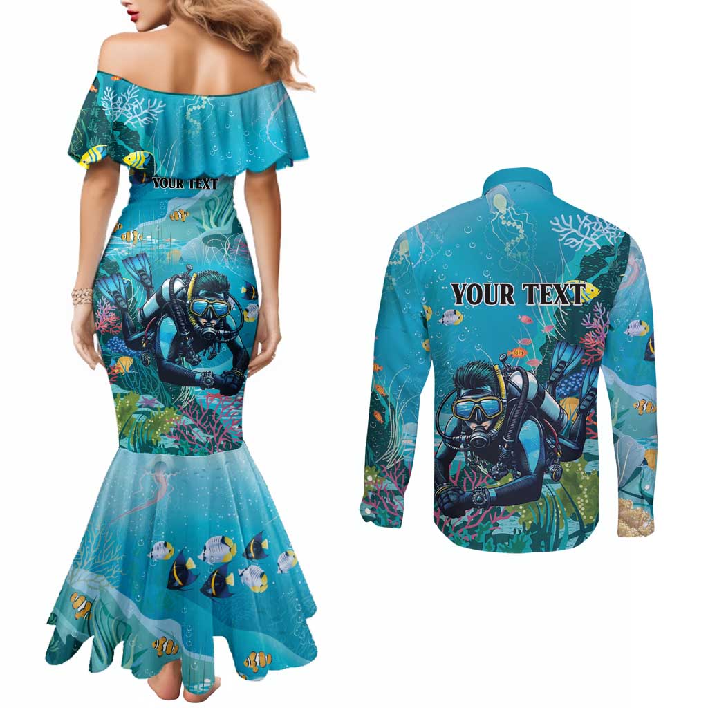 Personalized Scuba Diving Couples Matching Mermaid Dress and Long Sleeve Button Shirt Explore The Depths Discover Yourself - Wonder Print Shop