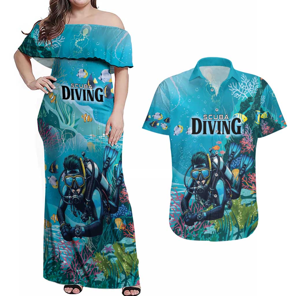 Personalized Scuba Diving Couples Matching Off Shoulder Maxi Dress and Hawaiian Shirt Explore The Depths Discover Yourself - Wonder Print Shop
