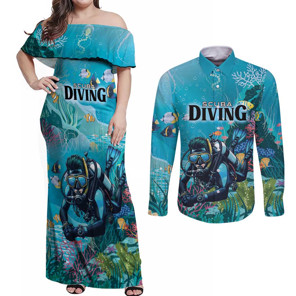Personalized Scuba Diving Couples Matching Off Shoulder Maxi Dress and Long Sleeve Button Shirt Explore The Depths Discover Yourself - Wonder Print Shop