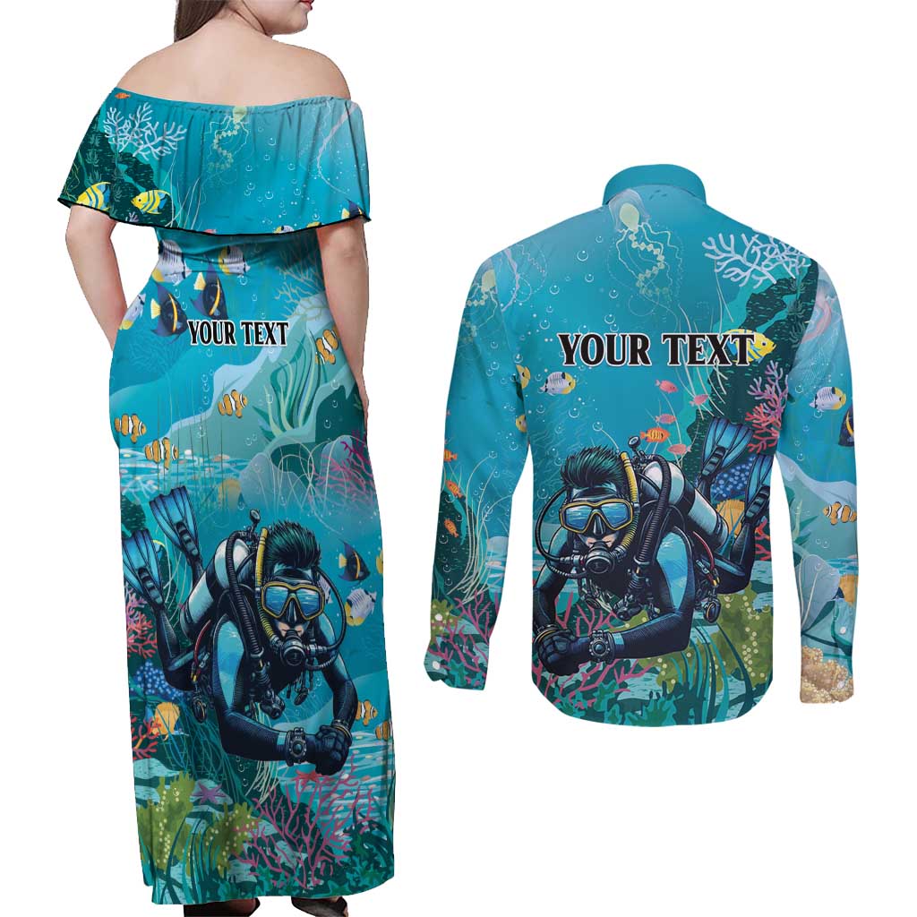 Personalized Scuba Diving Couples Matching Off Shoulder Maxi Dress and Long Sleeve Button Shirt Explore The Depths Discover Yourself - Wonder Print Shop