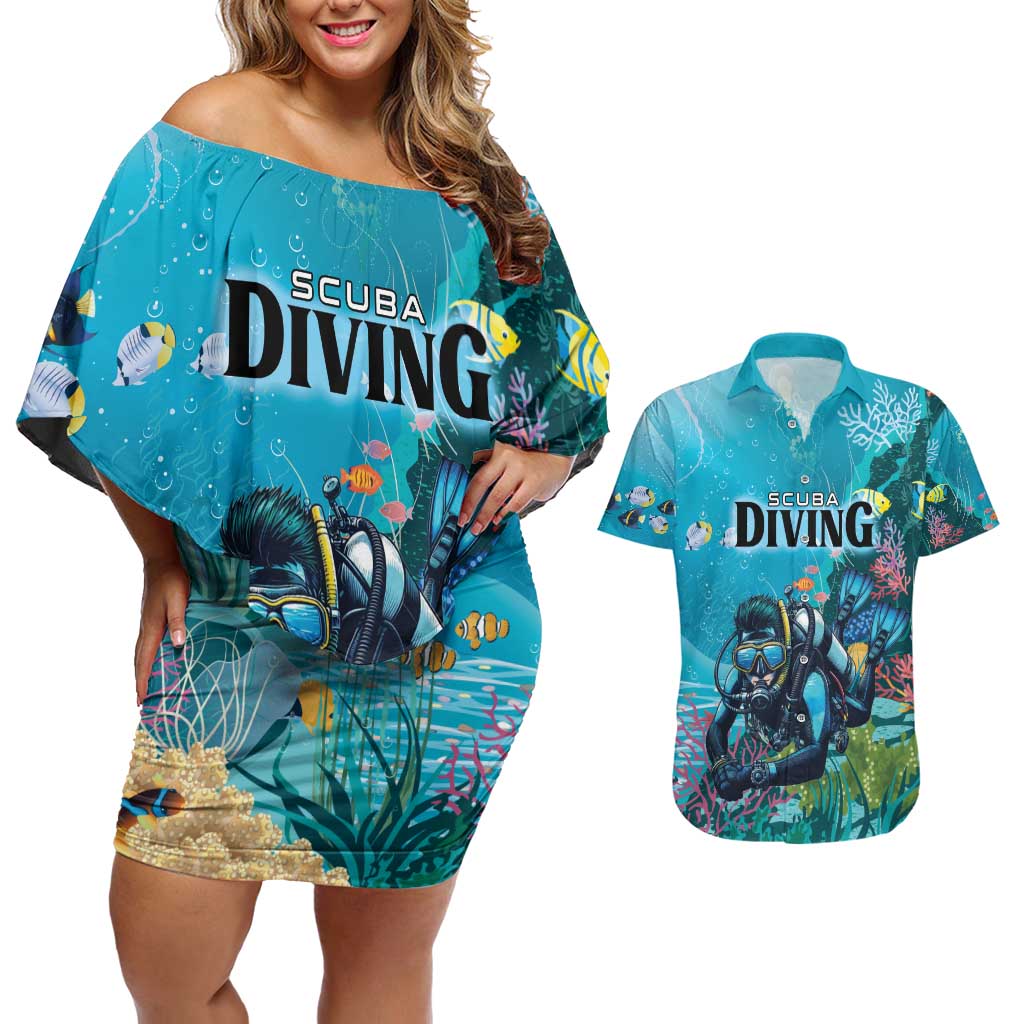Personalized Scuba Diving Couples Matching Off Shoulder Short Dress and Hawaiian Shirt Explore The Depths Discover Yourself - Wonder Print Shop