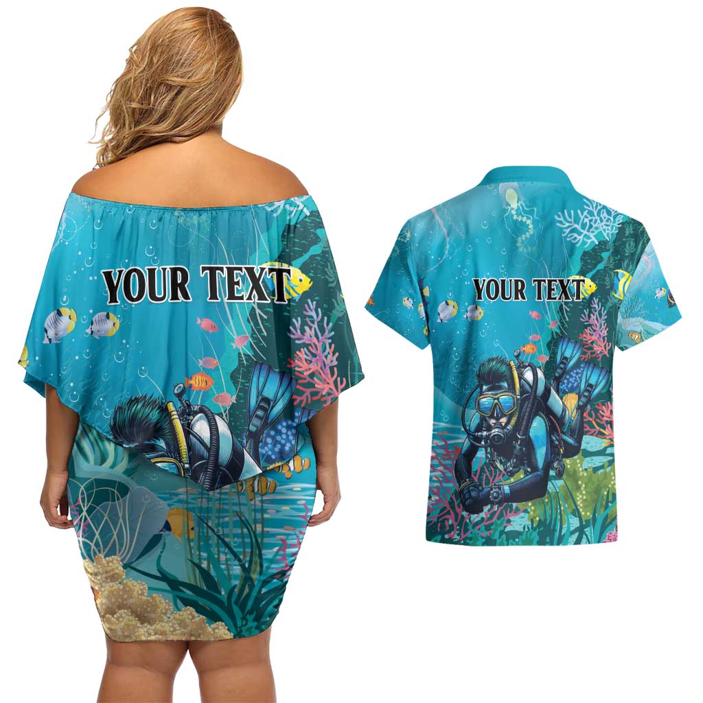 Personalized Scuba Diving Couples Matching Off Shoulder Short Dress and Hawaiian Shirt Explore The Depths Discover Yourself - Wonder Print Shop