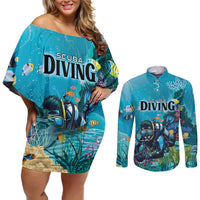 Personalized Scuba Diving Couples Matching Off Shoulder Short Dress and Long Sleeve Button Shirt Explore The Depths Discover Yourself - Wonder Print Shop
