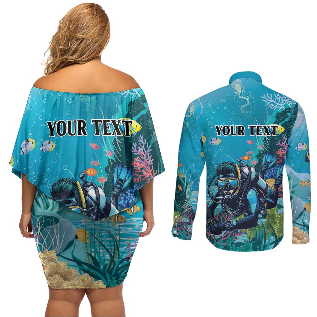 Personalized Scuba Diving Couples Matching Off Shoulder Short Dress and Long Sleeve Button Shirt Explore The Depths Discover Yourself - Wonder Print Shop