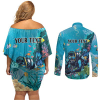 Personalized Scuba Diving Couples Matching Off Shoulder Short Dress and Long Sleeve Button Shirt Explore The Depths Discover Yourself - Wonder Print Shop