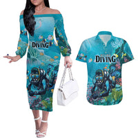 Personalized Scuba Diving Couples Matching Off The Shoulder Long Sleeve Dress and Hawaiian Shirt Explore The Depths Discover Yourself - Wonder Print Shop