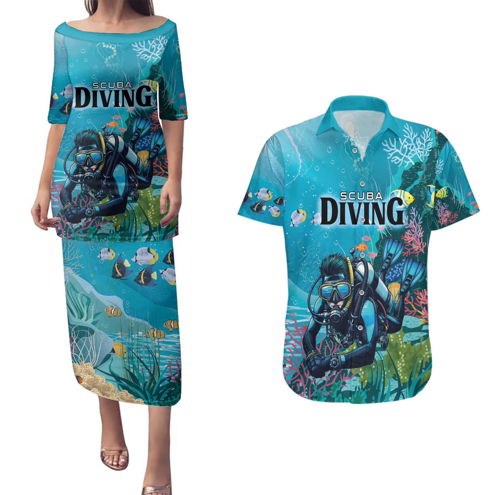 Personalized Scuba Diving Couples Matching Puletasi and Hawaiian Shirt Explore The Depths Discover Yourself - Wonder Print Shop