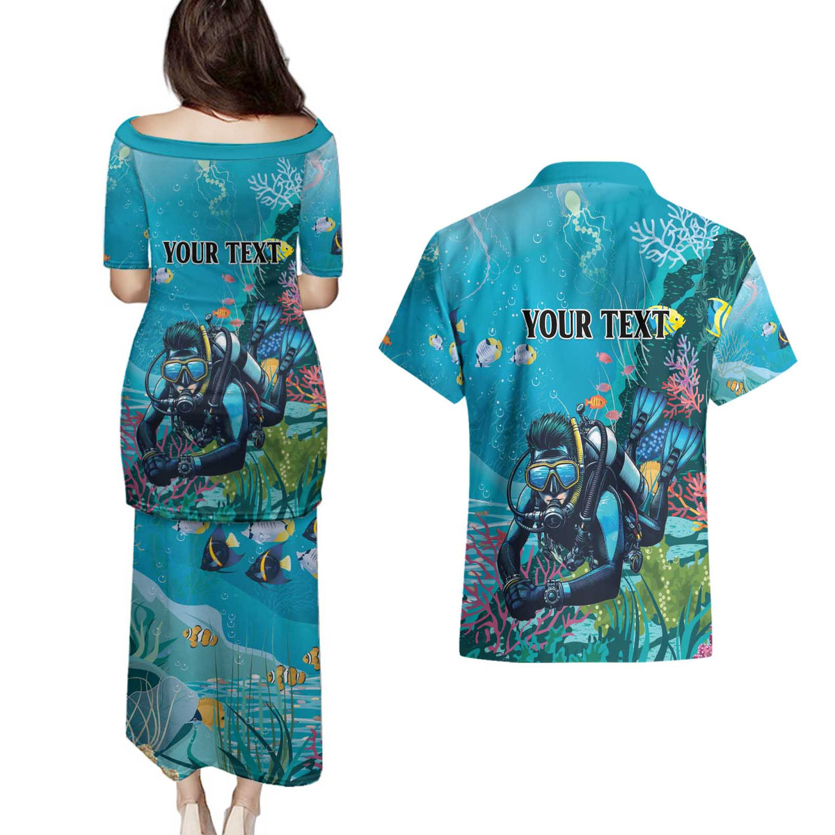 Personalized Scuba Diving Couples Matching Puletasi and Hawaiian Shirt Explore The Depths Discover Yourself - Wonder Print Shop