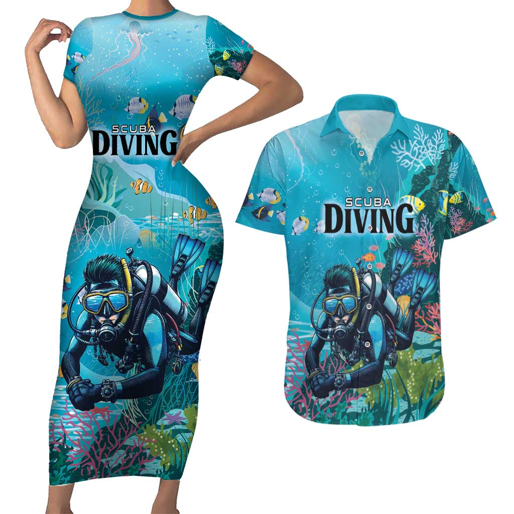 Personalized Scuba Diving Couples Matching Short Sleeve Bodycon Dress and Hawaiian Shirt Explore The Depths Discover Yourself - Wonder Print Shop