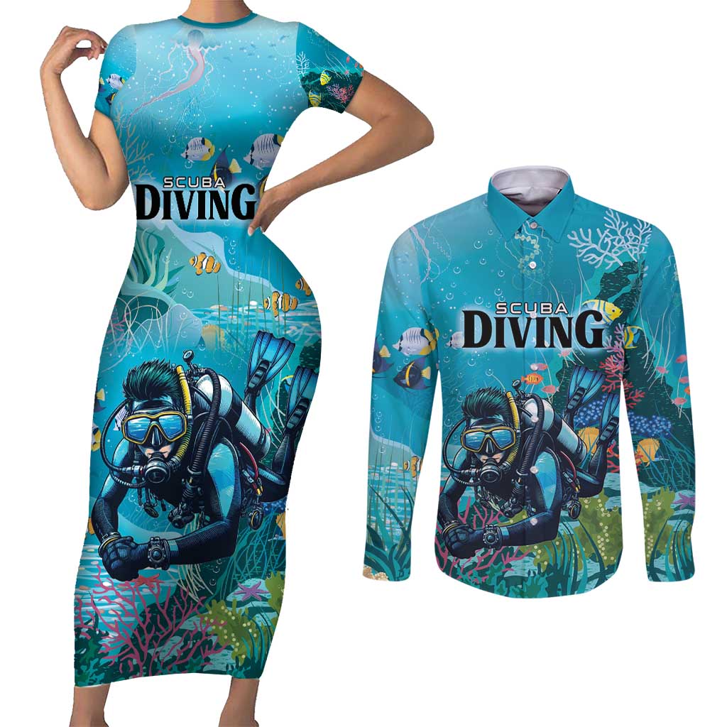 Personalized Scuba Diving Couples Matching Short Sleeve Bodycon Dress and Long Sleeve Button Shirt Explore The Depths Discover Yourself - Wonder Print Shop