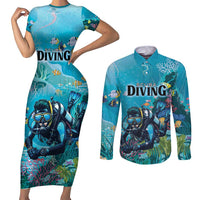 Personalized Scuba Diving Couples Matching Short Sleeve Bodycon Dress and Long Sleeve Button Shirt Explore The Depths Discover Yourself - Wonder Print Shop